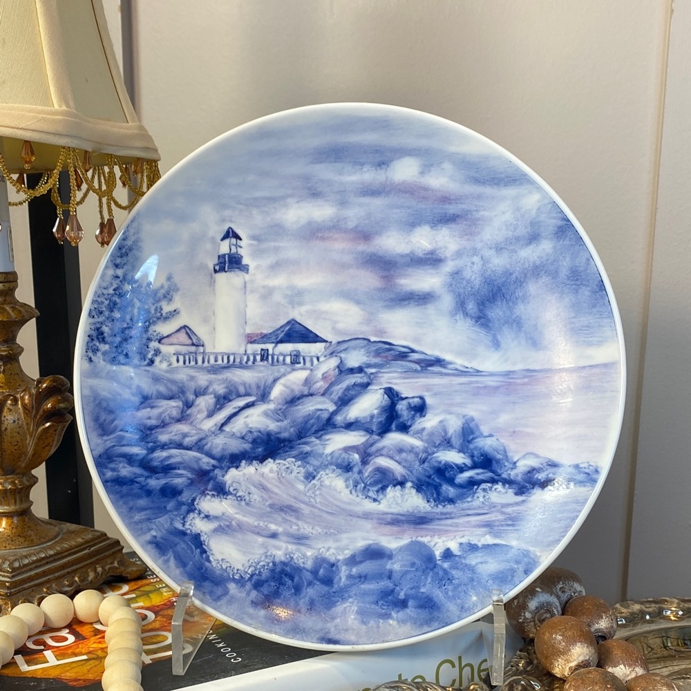 Scenic Blue and White Decorative hand painted art plate 9.5”